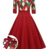 Red 1950s Christmas Plaids Bow Decor Dress