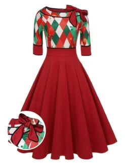 Red 1950s Christmas Plaids Bow Decor Dress