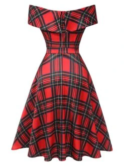 Red 1950s Christmas Plaid Off-Shoulder Dress 10 Red 1950s Christmas Plaid Off-Shoulder Dress -Candi Clothing Shop SCHL003169 3