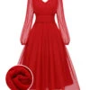 Red 1950s Sheer Sleeve Mesh Dress