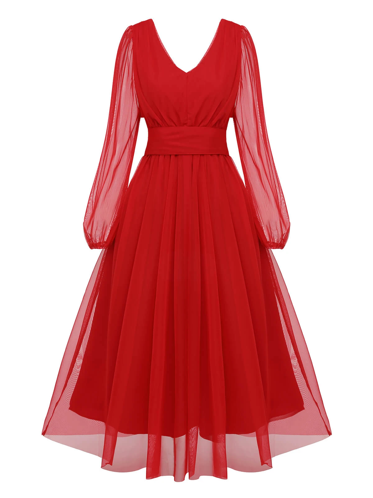 Red 1950s Sheer Sleeve Mesh Dress 2 Red 1950s Sheer Sleeve Mesh Dress - Image 2