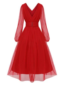 Red 1950s Sheer Sleeve Mesh Dress 10 Red 1950s Sheer Sleeve Mesh Dress -Candi Clothing Shop SCHL003209 3