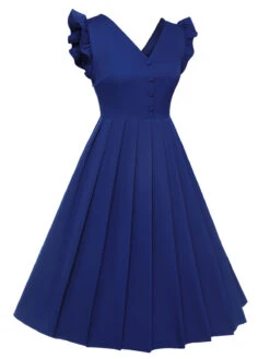 Blue 1950s Pleated Ruffles Vest Dress -Candi Clothing Shop SCHL003232 2