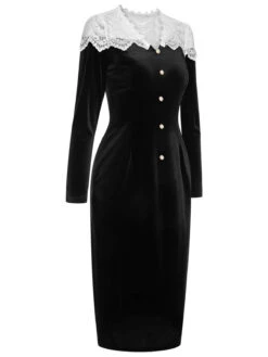 Black & White 1960s Lapel Patchwork Velvet Dress 10 Black & White 1960s Lapel Patchwork Velvet Dress -Candi Clothing Shop SCHL003243 B 01 3