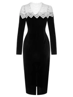 Black & White 1960s Lapel Patchwork Velvet Dress 11 Black & White 1960s Lapel Patchwork Velvet Dress -Candi Clothing Shop SCHL003243 B 01 4