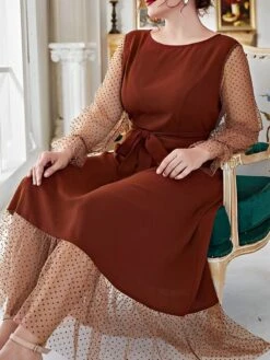 [Plus Size] 1930s Mesh Polka Dot Patchwork Dress -Candi Clothing Shop SCHL003259 BR 2