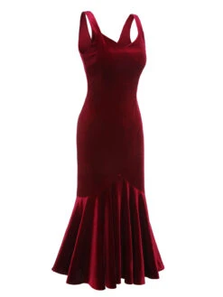 Wine Red 1930s Strap Velvet Mermaid Dress 9 Wine Red 1930s Strap Velvet Mermaid Dress -Candi Clothing Shop SCHL003281 WR 3