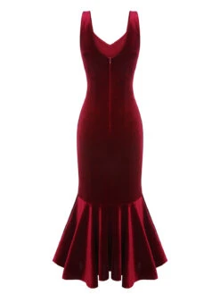 Wine Red 1930s Strap Velvet Mermaid Dress 10 Wine Red 1930s Strap Velvet Mermaid Dress -Candi Clothing Shop SCHL003281 WR 4