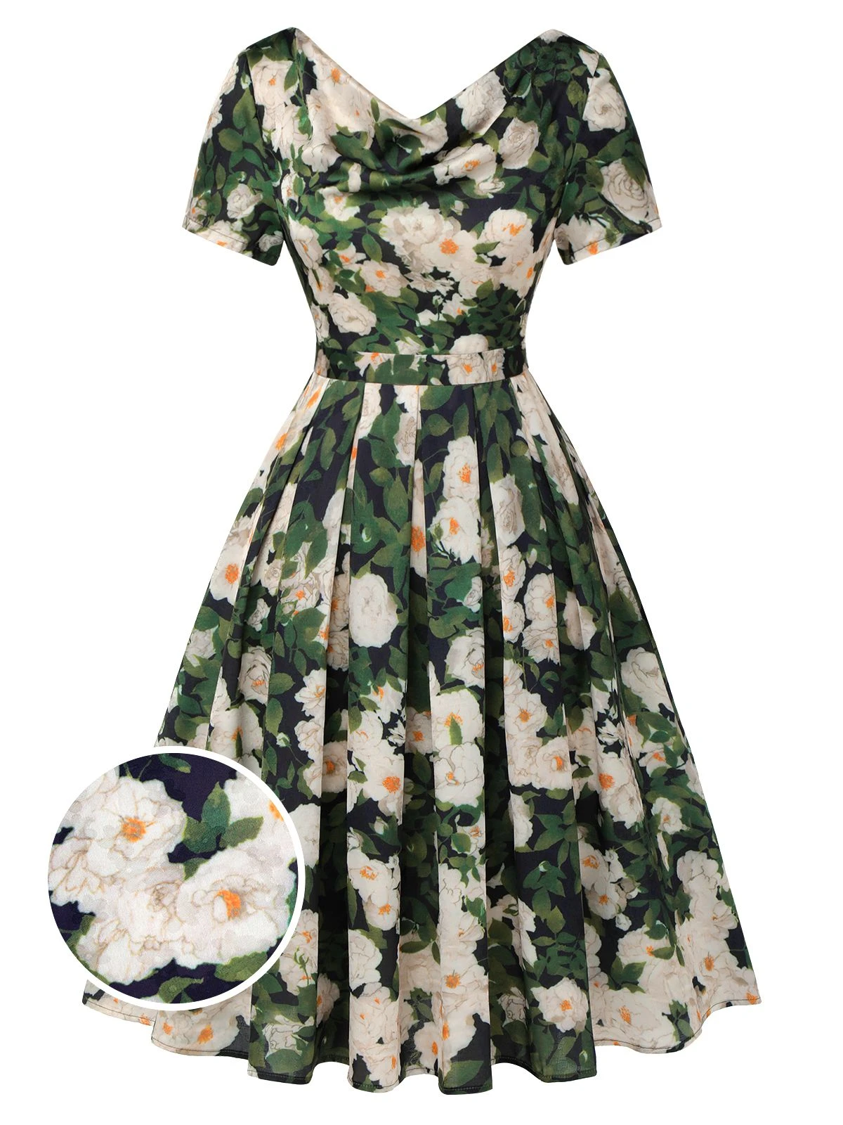 Green 1950s Cowl Neck Painting Flower Dress 1 Green 1950s Cowl Neck Painting Flower Dress