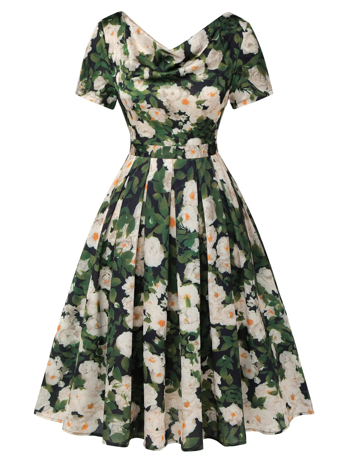 Green 1950s Cowl Neck Painting Flower Dress 2 Green 1950s Cowl Neck Painting Flower Dress - Image 2