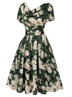Green 1950s Cowl Neck Painting Flower Dress 10 Green 1950s Cowl Neck Painting Flower Dress -Candi Clothing Shop SCHL003288 2
