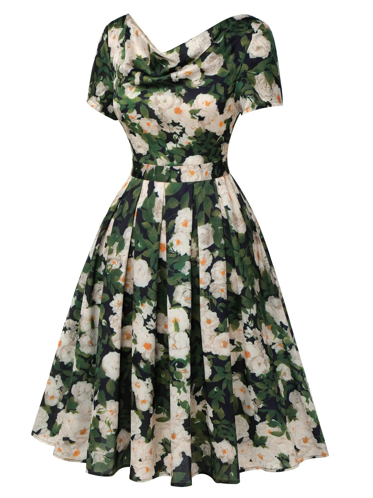 Green 1950s Cowl Neck Painting Flower Dress 3 Green 1950s Cowl Neck Painting Flower Dress - Image 3