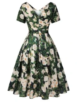 Green 1950s Cowl Neck Painting Flower Dress 11 Green 1950s Cowl Neck Painting Flower Dress -Candi Clothing Shop SCHL003288 3
