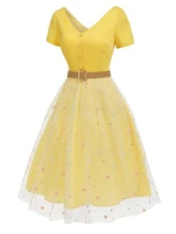 Yellow 1950s V-Neck Daisy Mesh Dress -Candi Clothing Shop SCHL003291 2 compressed