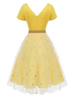 Yellow 1950s V-Neck Daisy Mesh Dress -Candi Clothing Shop SCHL003291 3 compressed