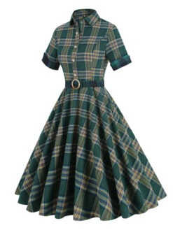 Dark Army Green 1950s Lapel Plaid Dress 5 Dark Army Green 1950s Lapel Plaid Dress -Candi Clothing Shop SCHL003317 DEG 1 3