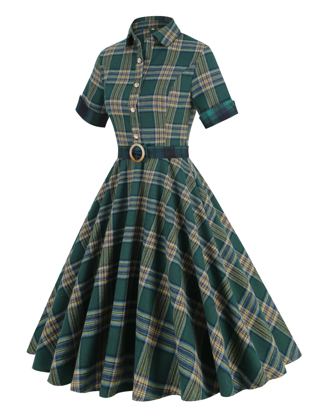 Dark Army Green 1950s Lapel Plaid Dress 3 Dark Army Green 1950s Lapel Plaid Dress - Image 3