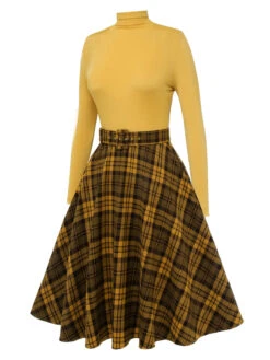 Yellow 1950s Plaid Turtleneck Belted Dress 9 Yellow 1950s Plaid Turtleneck Belted Dress -Candi Clothing Shop SCHL003331 2