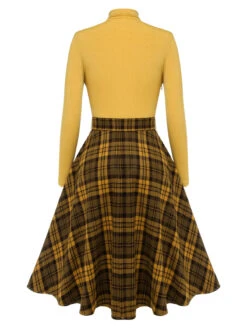 Yellow 1950s Plaid Turtleneck Belted Dress 10 Yellow 1950s Plaid Turtleneck Belted Dress -Candi Clothing Shop SCHL003331 3