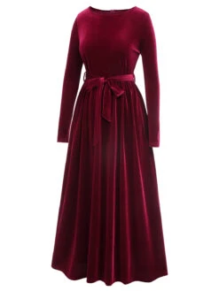 1940s Solid Velvet Belt Long Dress -Candi Clothing Shop SCHL003392 WR 01 3