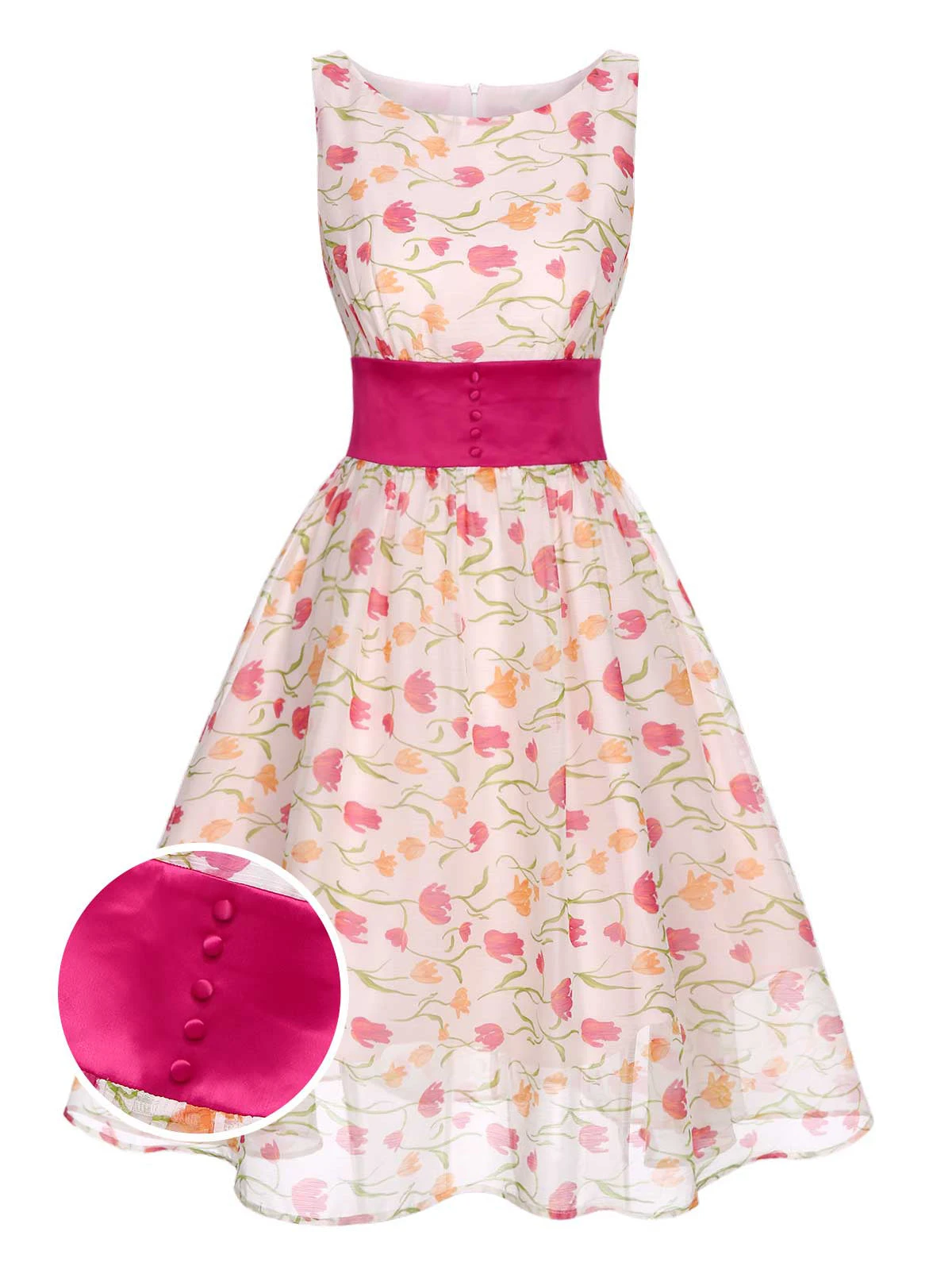 1950s Boat Neck Tulip Button Sleeveless Dress 1 1950s Boat Neck Tulip Button Sleeveless Dress