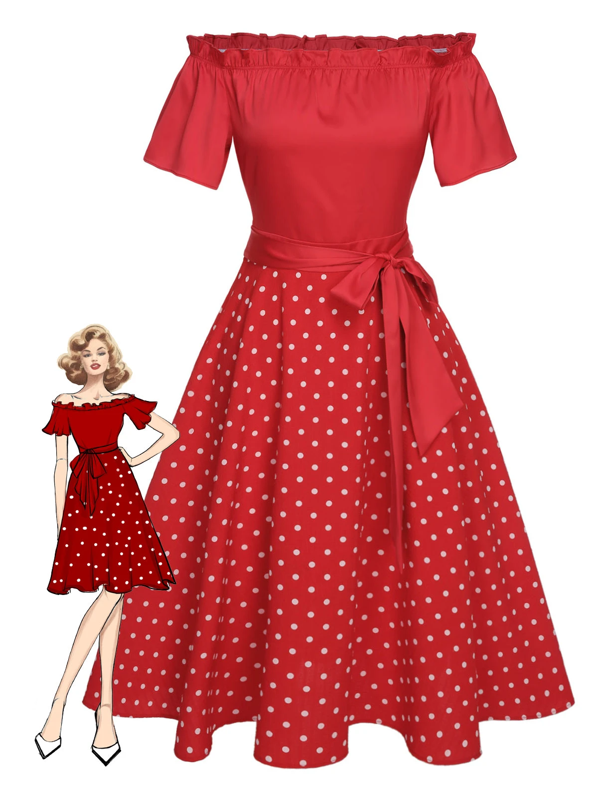 Red 1950s Off-Shoulder Polka Dots Belted Dress 1 Red 1950s Off-Shoulder Polka Dots Belted Dress