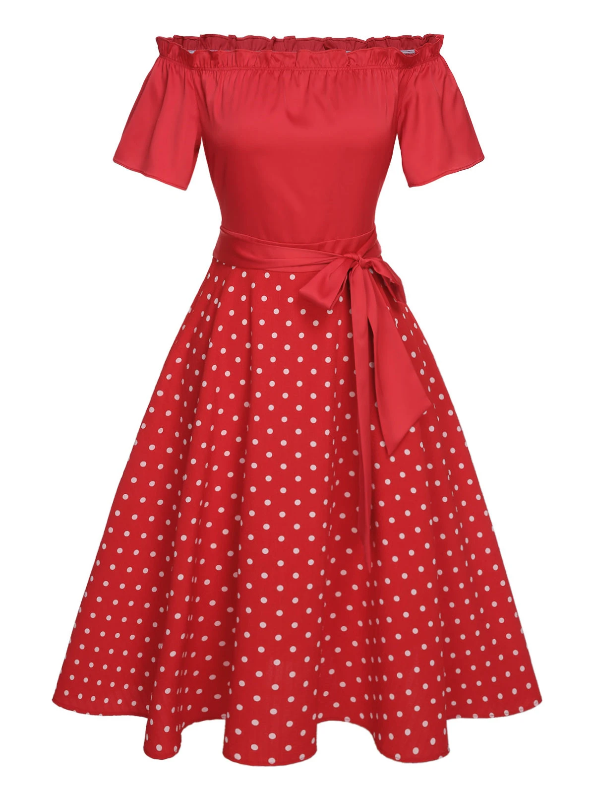 Red 1950s Off-Shoulder Polka Dots Belted Dress 2 Red 1950s Off-Shoulder Polka Dots Belted Dress - Image 2