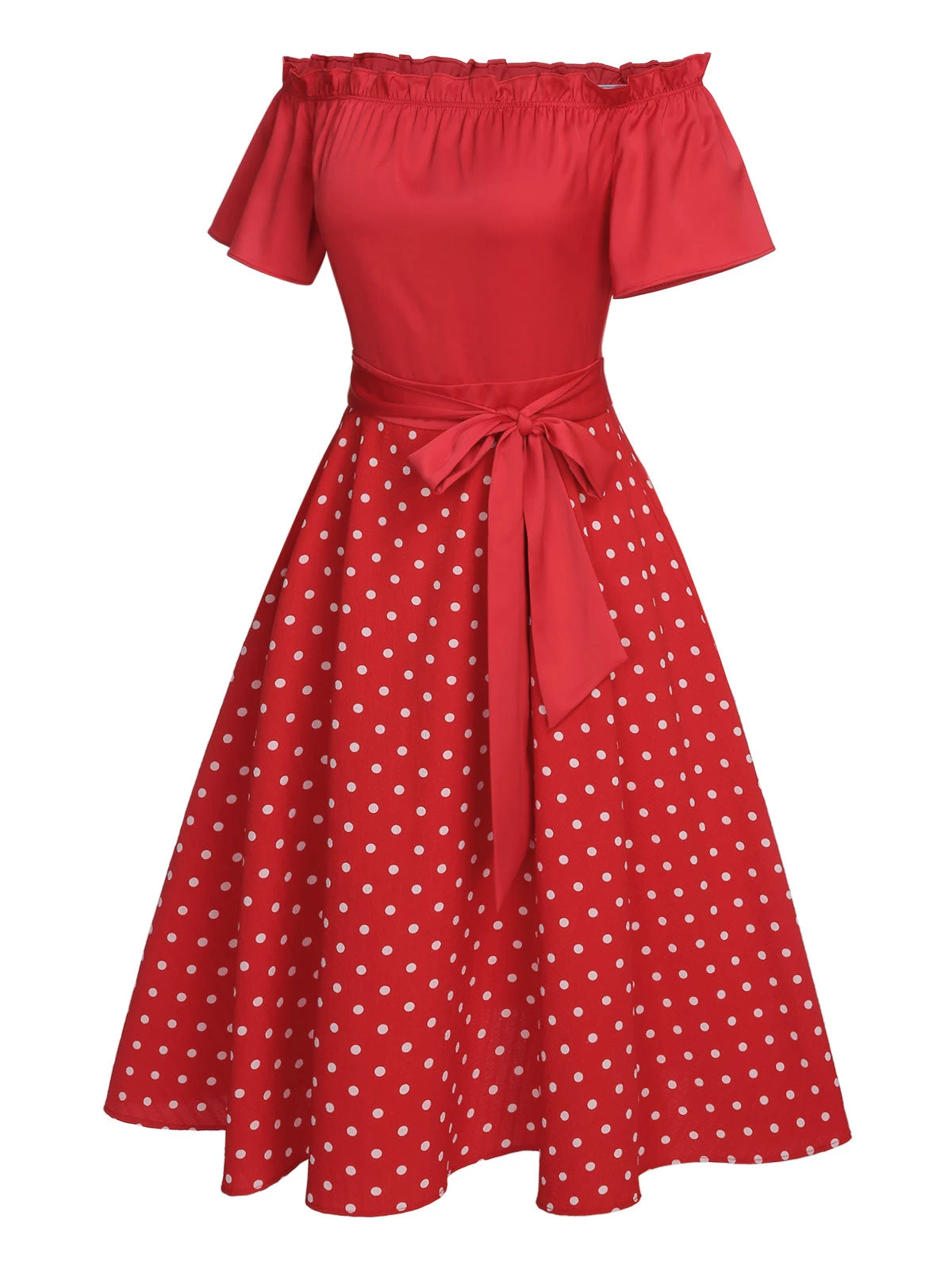 Red 1950s Off-Shoulder Polka Dots Belted Dress 3 Red 1950s Off-Shoulder Polka Dots Belted Dress - Image 3