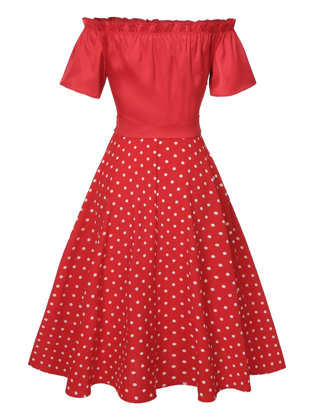 Red 1950s Off-Shoulder Polka Dots Belted Dress 4 Red 1950s Off-Shoulder Polka Dots Belted Dress - Image 4
