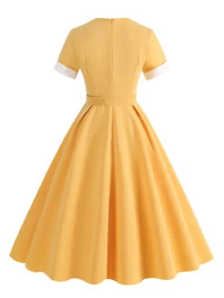 1950s Solid Contrast V-Neck Swing Dress 14 1950s Solid Contrast V-Neck Swing Dress -Candi Clothing Shop SCHL003467 Y 3
