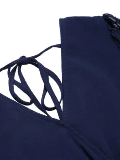 Dark Blue 1960s Jacquard V-Neck Bishop Sleeve Dress 11 Dark Blue 1960s Jacquard V-Neck Bishop Sleeve Dress -Candi Clothing Shop SCHL003522 RBL 01 5