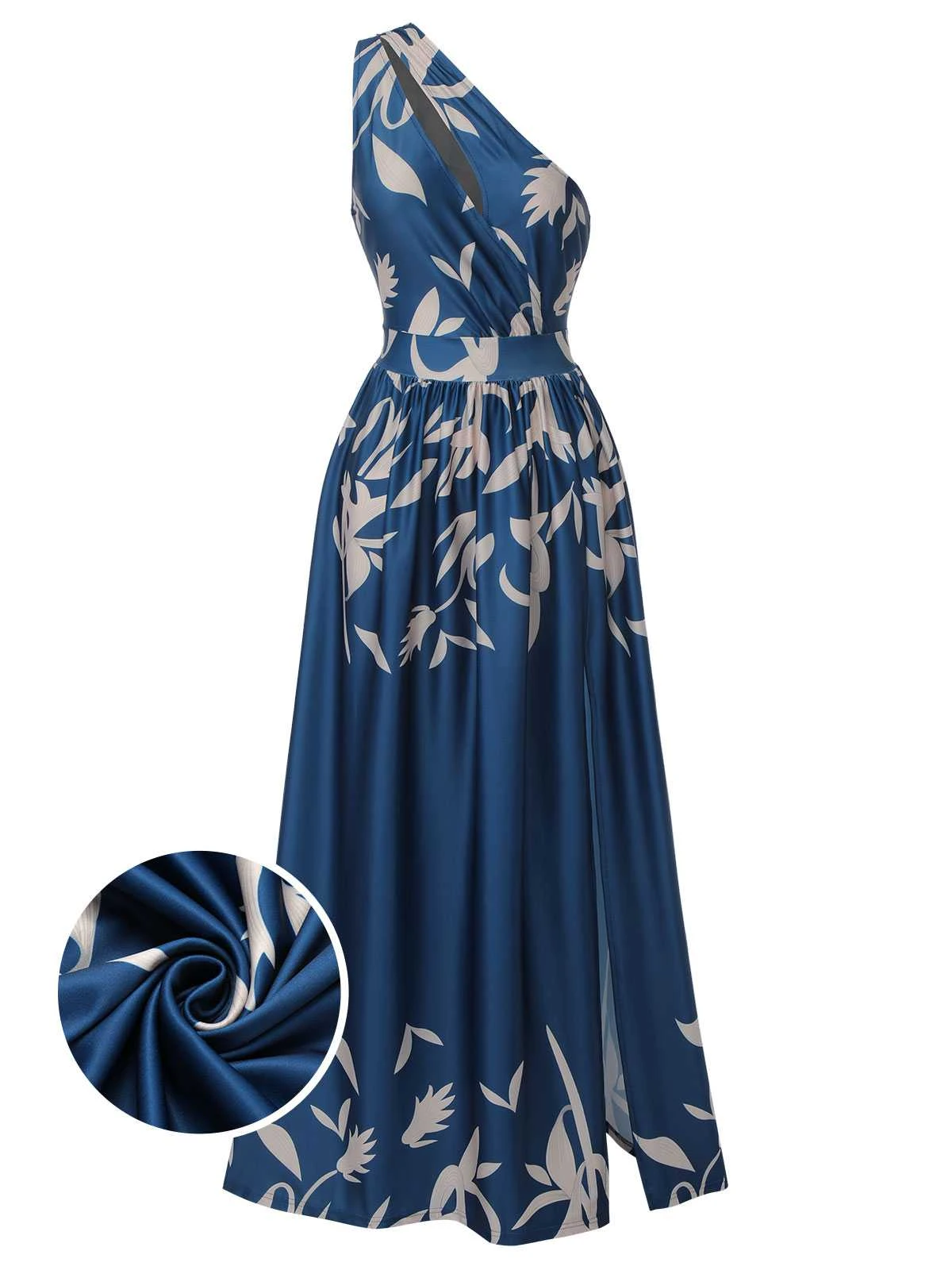 Blue 1940s One-Shoulder Plants Slit Dress 1 Blue 1940s One-Shoulder Plants Slit Dress