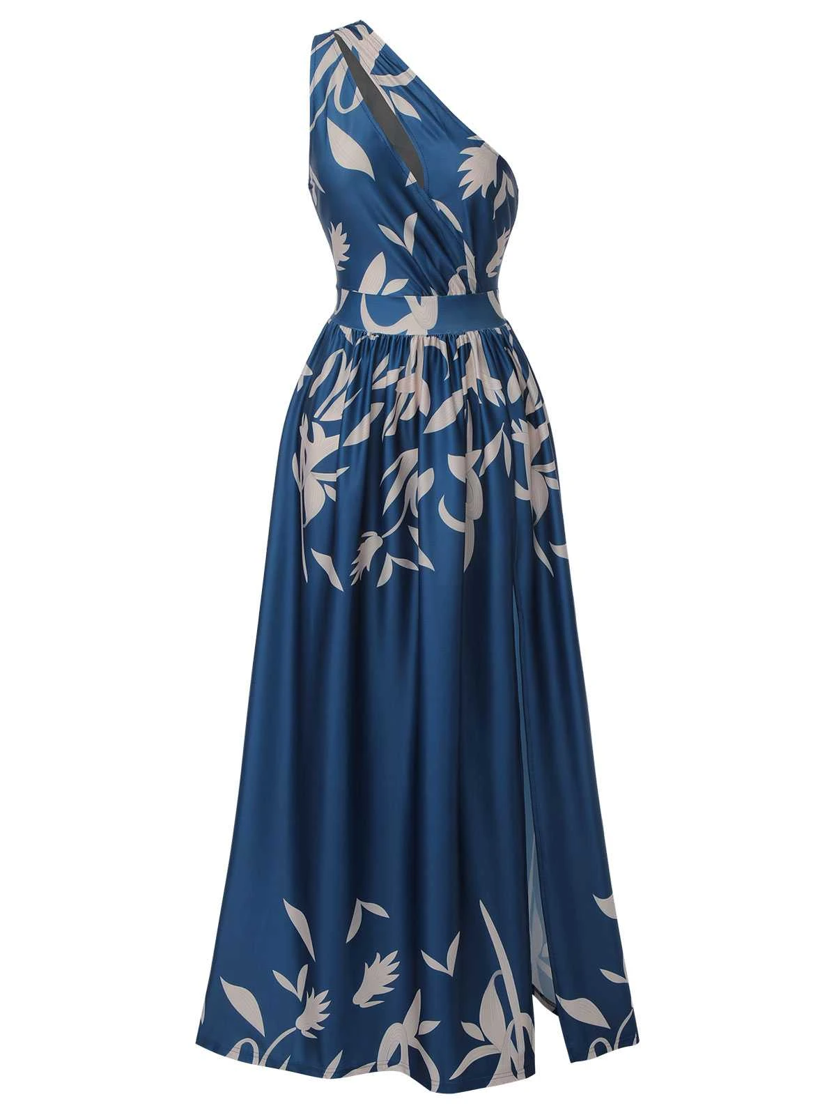 Blue 1940s One-Shoulder Plants Slit Dress 2 Blue 1940s One-Shoulder Plants Slit Dress - Image 2