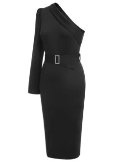 Black 1950s Solid Cold Shoulder Dress -Candi Clothing Shop SCHL003539 2