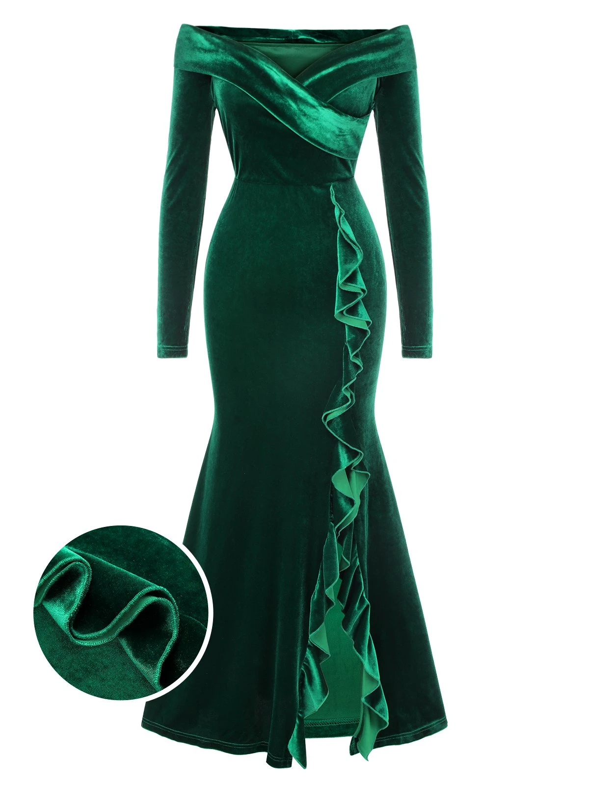 Green 1930s Velvet Off-Shoulder Ruffle-Trim Mermaid Dress 1 Green 1930s Velvet Off-Shoulder Ruffle-Trim Mermaid Dress