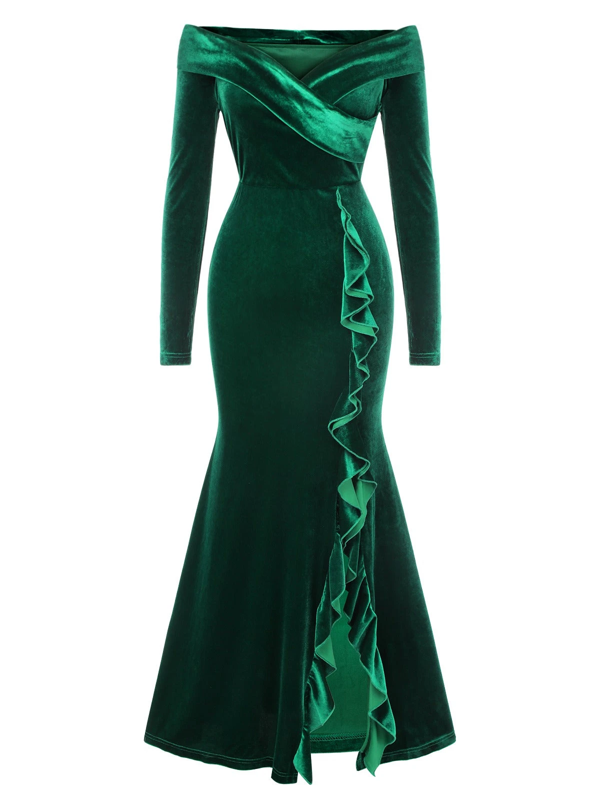 Green 1930s Velvet Off-Shoulder Ruffle-Trim Mermaid Dress 2 Green 1930s Velvet Off-Shoulder Ruffle-Trim Mermaid Dress - Image 2