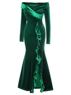 Green 1930s Velvet Off-Shoulder Ruffle-Trim Mermaid Dress 9 Green 1930s Velvet Off-Shoulder Ruffle-Trim Mermaid Dress -Candi Clothing Shop SCHL003547 2