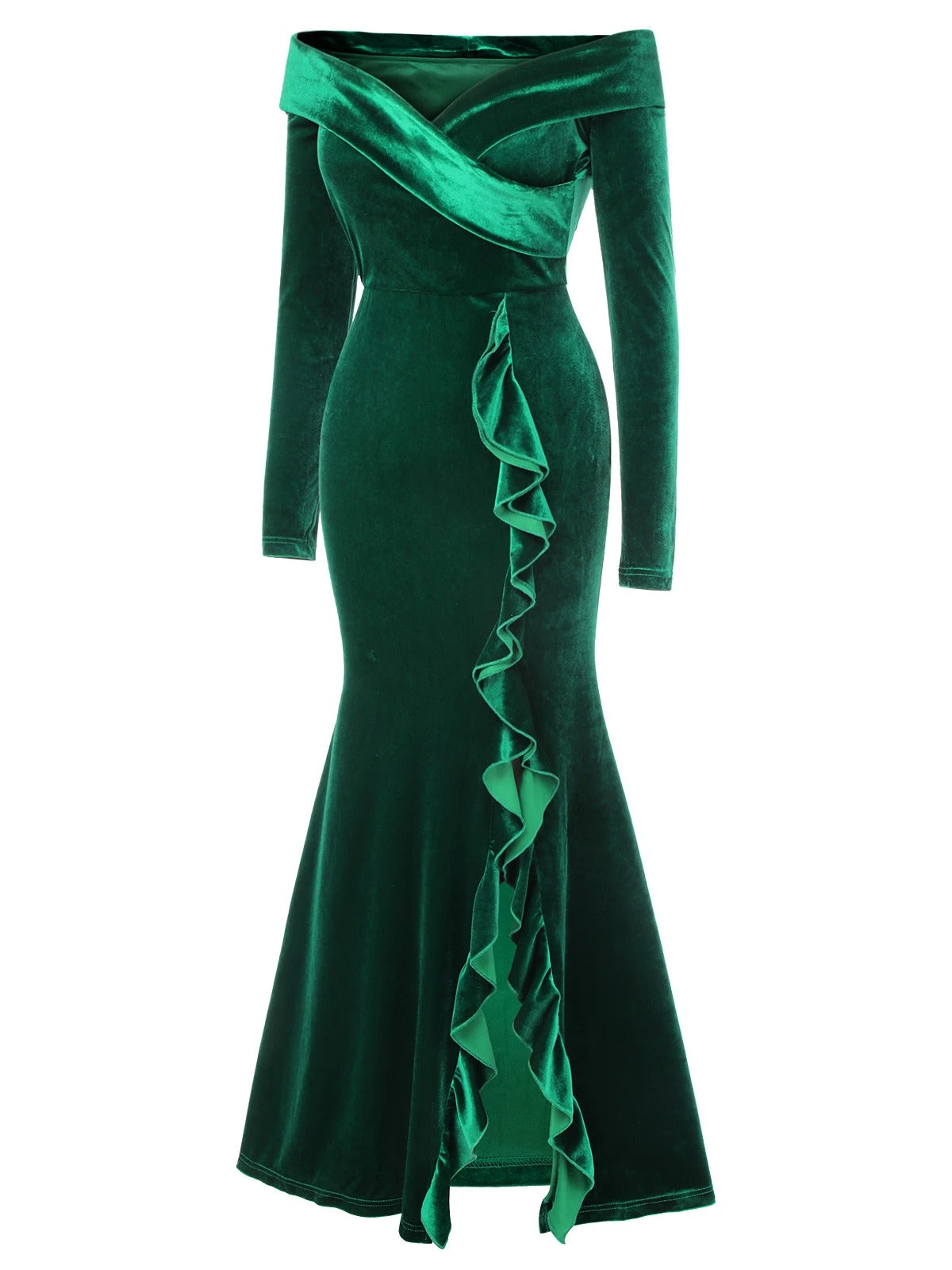 Green 1930s Velvet Off-Shoulder Ruffle-Trim Mermaid Dress 3 Green 1930s Velvet Off-Shoulder Ruffle-Trim Mermaid Dress - Image 3