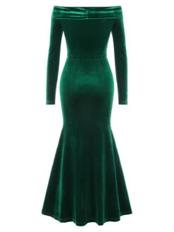 Green 1930s Velvet Off-Shoulder Ruffle-Trim Mermaid Dress 10 Green 1930s Velvet Off-Shoulder Ruffle-Trim Mermaid Dress -Candi Clothing Shop SCHL003547 3
