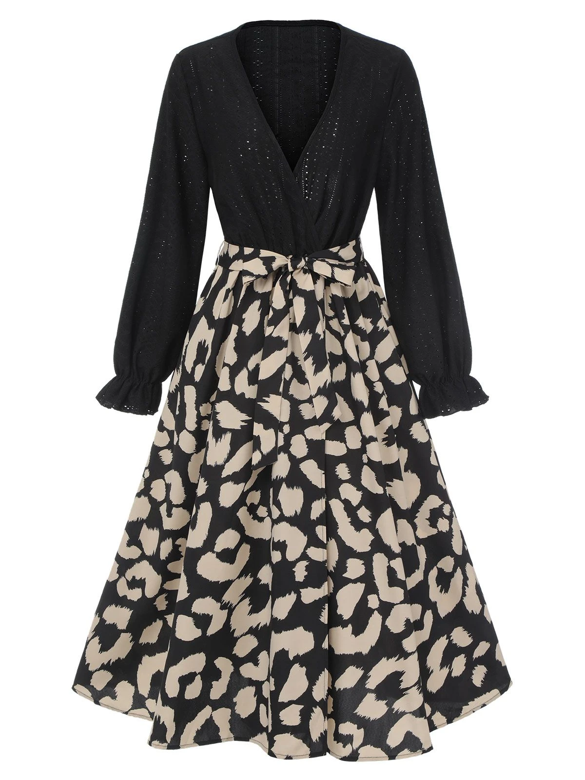 Black 1950s Leopard V-Neck Patchwork Dress 2 Black 1950s Leopard V-Neck Patchwork Dress - Image 2