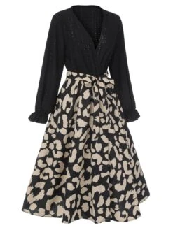Black 1950s Leopard V-Neck Patchwork Dress 9 Black 1950s Leopard V-Neck Patchwork Dress -Candi Clothing Shop SCHL003551 2