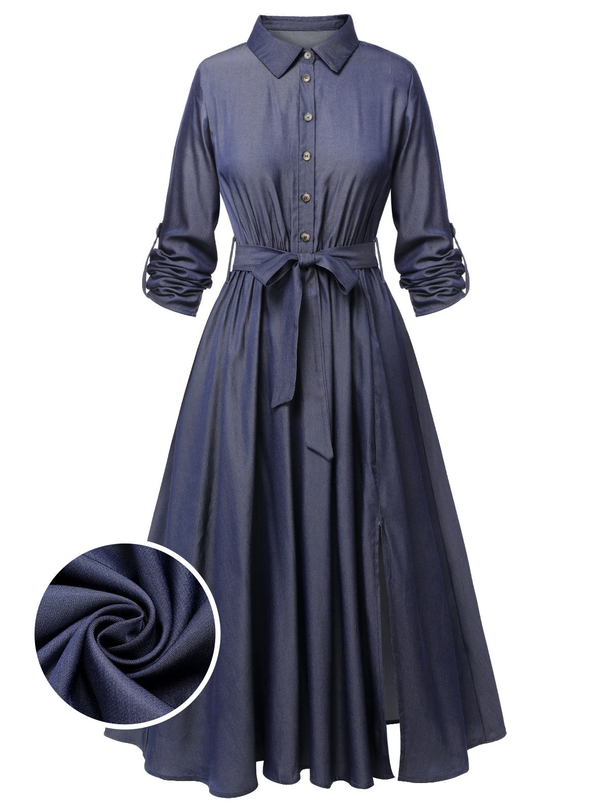 Blue 1940s Solid Shirt Collar Belt Dress 2 Blue 1940s Solid Shirt Collar Belt Dress - Image 2
