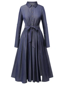 Blue 1940s Solid Shirt Collar Belt Dress 11 Blue 1940s Solid Shirt Collar Belt Dress -Candi Clothing Shop SCHL003552 1