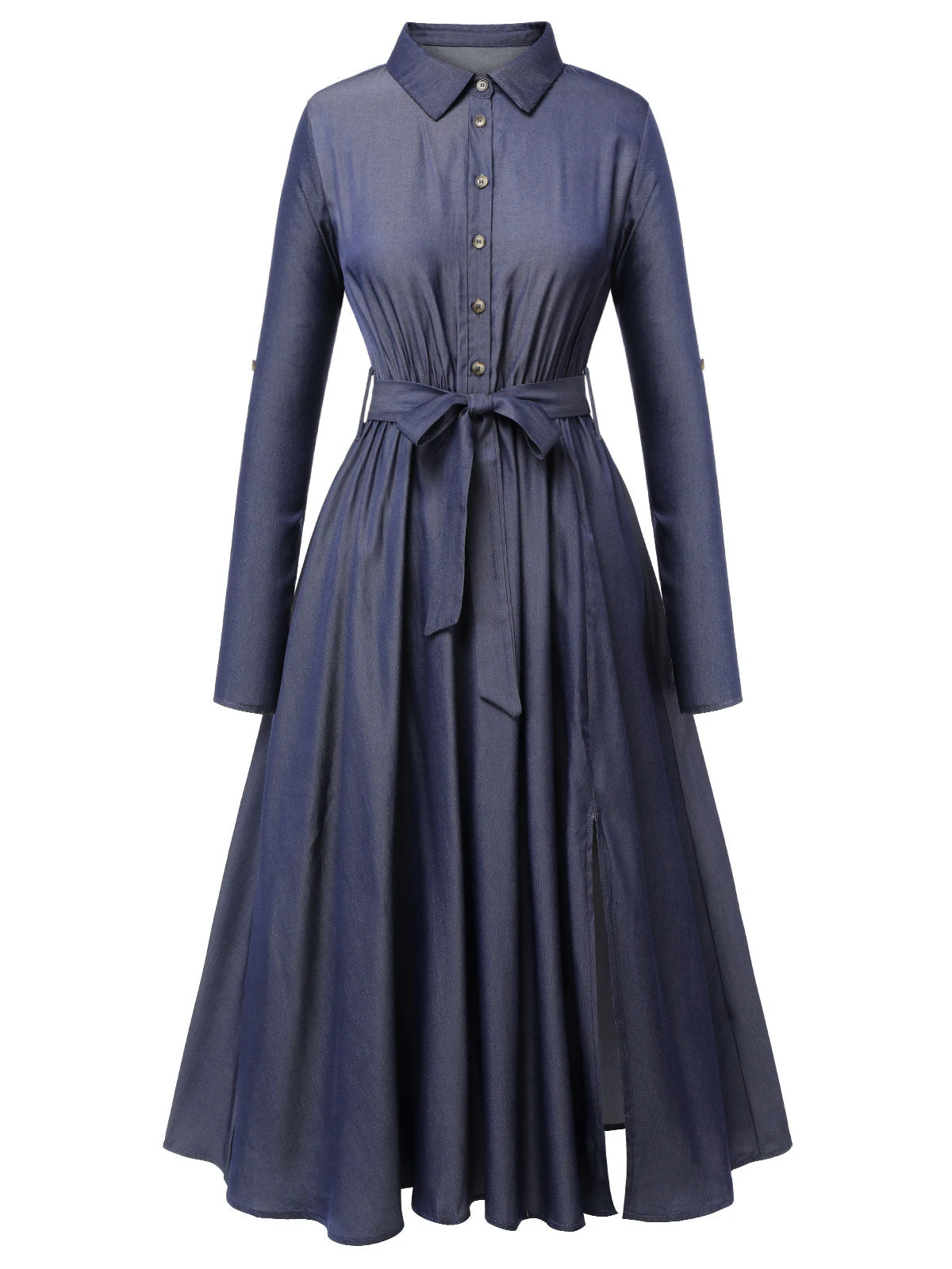 Blue 1940s Solid Shirt Collar Belt Dress 3 Blue 1940s Solid Shirt Collar Belt Dress - Image 3