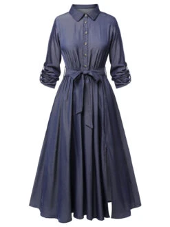 Blue 1940s Solid Shirt Collar Belt Dress 17 Blue 1940s Solid Shirt Collar Belt Dress -Candi Clothing Shop SCHL003552 2