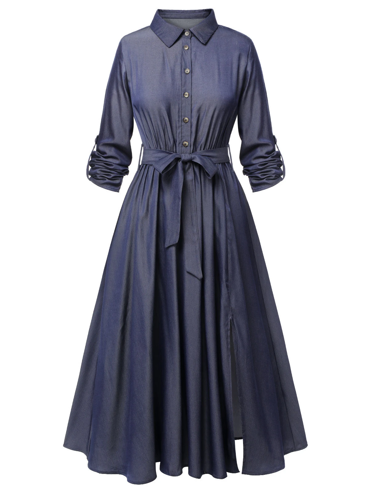 Blue 1940s Solid Shirt Collar Belt Dress 9 Blue 1940s Solid Shirt Collar Belt Dress - Image 9