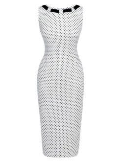 White 1960s Polka Dot Button Pencil Dress -Candi Clothing Shop SCHL003562 1