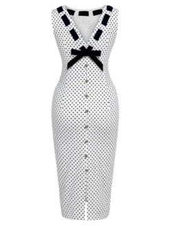 White 1960s Polka Dot Button Pencil Dress -Candi Clothing Shop SCHL003562 3