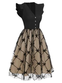 Black 1950s V-Neck Bow Mesh Dress -Candi Clothing Shop SCHL003584 2 compressed