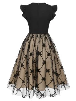 Black 1950s V-Neck Bow Mesh Dress -Candi Clothing Shop SCHL003584 3 compressed